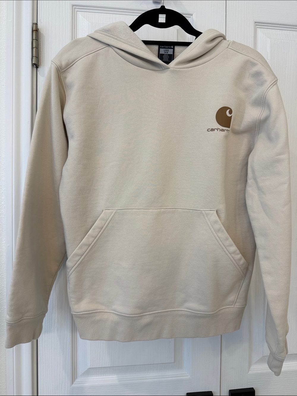 Carhartt Beige Logo Hoodie Sweatshirt Kids Large 14-16 Fleece Lined Pullover